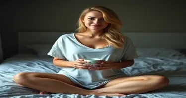 photo of the same woman sitting cross-legged on an unmade bed, wearing a loose t-shirt falling slightly off one shoulder,  holding a cup in both hands, very large bust hidden under fabric, tousled blonde hair, soft smile, no makeup,  dim morning light coming from the side, slightly messy sheets, calm expression, same face as previous reference, soft and intimate mood