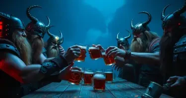 a group of heavy metal Vikings drinking met and salute each other.