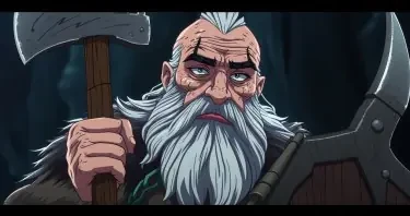 A very old viking with scars and wrinkles all over his face and bodywho can barely hold his axe and his shield.