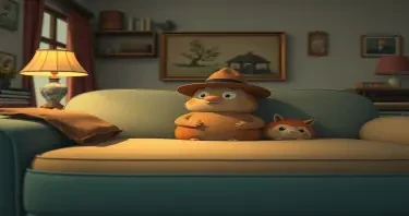 Studio Ghibli style, candid shot, famous randomly couch and randomly finished with randomly opussums, center point for a opussum wearing a hat, Use camera is Canon EOS 5D Mark IV with a Canon EF 24mm f/1. 4L II USM lens, set at aperture f/2. 8 for a depth of field that highlights the furniture clean lines with rich and many detail, randomly color and finished, soft ambient light, studio light setting, ultra realistic, UHD, many details