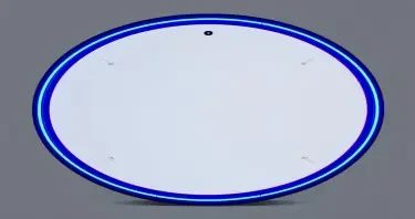 A tall, freestanding oval mirror unit measuring approximately 7 feet high and 3 feet wide, with a flawless, reflective surface. The mirror is framed in polished black onyx, matte in finish, with no visible seams. Two concentric LED-style rings encircle the mirror: the outer ring is electric blue and positioned just inside the frame, while the inner ring is violet and approximately 60% the diameter of the mirror. Between these rings, faint luminous markings and symbols suggest encoded information, softly pulsing. The top center of the unit houses a subtle projection module — a small inset lens that emits a faint vertical glow upward. The background is evenly lit in neutral gray to highlight the mirror without shadow. No human figure is present. The mirror stands in isolation as a sacred tech object.