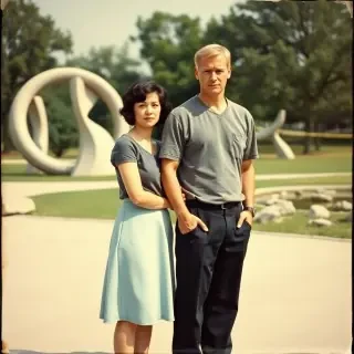 a vintage photograph depicting an old, romantic moment between a couple in a park setting, the woman, with short, dark hair and a light blue skirt, is standing close to the man, who has short, light blonde hair and a serious expression. The man, dressed in a grey, short-sleeved shirt and black trousers, is standing beside him, with his hands resting on his hips. He has a slight smile on his face, and his eyes are looking straight ahead. In the background, there are several large, abstract sculptures, including a large, circular structure, and a few trees. The ground is made of concrete, and the setting appears to be a park or garden, with a few scattered rocks and a small pond in the distance. The lighting is soft and natural, casting shadows and highlights on the couple, giving it a vintage, old-fashioned feel.