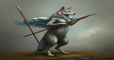A wolf, obviously female, standing on its hind legs, like a woman, it has hands and arms instead of front paws, it holds a spear in one hand. On its back it has feathered wings spread, ready to fly. It's face appears intelligent