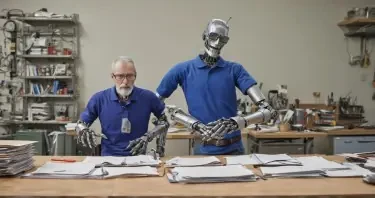 A metal robot with a thin, partially grey beard and eyeglasses, wearing a blue polo shirt, stands facing forward at a cook's chopping table. On the robot's right is a taller pile of bound notebooks, and on the left is a smaller, neatly stacked pile of paper. The robot holds a multi-function knife, similar to a Swiss Army knife or Leatherman multi-tool, in its left hand and a binder from the notebook pile in its right hand. The robot's hands are blurred, indicating rapid movement as it swiftly reduces the binders into simple paper.