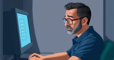 A man with black hair and a thin beard, both going grey, tan skin, wearing glasses and a blue pocket polo shirt, is sitting at a computer terminal in a narrow booth sweating while he is attempting to answer a multiple choice question on the screen