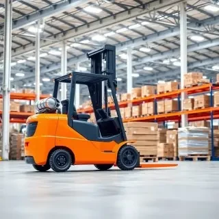 A modern forklift in a clean German warehouse, orange safety colors, professional industrial photography, bright lighting