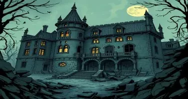 A ruined noble estate in the city of Mordheim drawn in a comic gothic style.