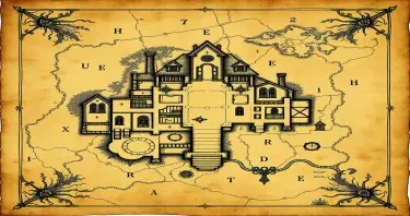 An ancient a weathered map of a gothic estate from the Metzinger family. The map should include secret doors, traps and secrets. The map should appear old, faded and hand drawn in a comic gothic style as if pages of an old journal. The map should be like that of a floor plan of the first floor of the mansion of estate.