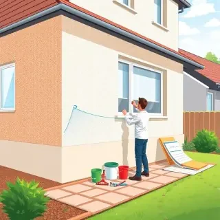 A detailed modern flat vector illustration showing a full outdoor scene of a house exterior where a homeowner is inspecting and repairing façade insulation. The environment features a realistic building exterior with visible walls, textured façade surfaces, a sturdy base plinth, and surrounding outdoor elements such as a small garden strip, paving stones, tools, buckets, and insulation materials placed naturally on the ground. The person is examining cracks, moisture spots, or bulges on the wall while preparing gentle, practical repairs—applying filler, checking thermal bridges, or assessing waterproofing around a terrace or balcony. The scene clearly communicates maintenance, diagnosis, and careful restoration of exterior insulation.  Include a complete environment: the sky above, ground below, plants or shrubs near the façade, and architectural details like windows, gutters, and shading elements. The composition should feel realistic and practical, showing how outdoor insulation works hard against rain, frost, UV, and temperature changes, and how small issues can be fixed with the right steps. Subtle visual metaphors—like soft glowing lines indicating heat loss or gentle blue tones suggesting moisture—can appear integrated into the environment without becoming abstract.  Style: modern flat vector illustration, editorial illustration style, smooth shapes, soft gradients, slight depth, clean design. Color palette: natural outdoor tones—warm neutrals, muted greens, earthy browns, soft greys, and gentle blues. High detail, crisp edges, visually clear storytelling.  CRITICAL: full scene composition with a complete environment. The background must be part of the scene with clearly visible environment elements such as sky, ground, and architectural surroundings. The image must be fully filled edge‑to‑edge. Absolutely no white background anywhere in the image. No blank or empty areas. No isolated objects. No floating composition. No transparent background. The background is not a studio backdrop, it is a real environment.  No text, no watermark.