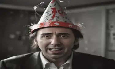 happy and crazy Nicolas Cage in a party hat