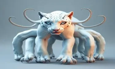 A six legged, giant all white panther with ice blue eyes and 4 barbed tentacles sprouting from its shoulders