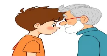 a cartoon drawn little boy with brown hair and his grandfather with short gray hair from the side view looking at each other. https://www.imagiyo.com/images/mxkaz6Y5aJ0P/view