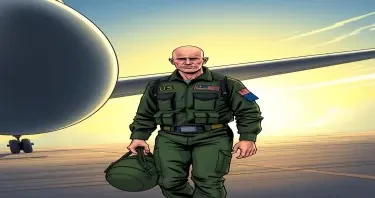 A bald white male in a green US military flight suit, holding a green helmet bag. Walking away from a large twin engine turboprop airplane. Middle of the day,