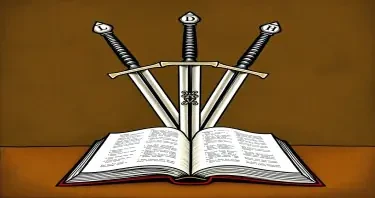 Three swords over an open book drawn a family crest in the style of a medieval fresco painting. Each sword should bear a letter, L, D, H.