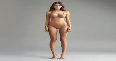 A young woman full body view standing, approximately 5’7” (170 cm) tall and weighing around 128 lbs (58 kg), with a lithe, softly athletic frame. Her proportions are balanced and elegant with defined curves. Measurements: 34” bust, 25” waist, 36” hips. Her limbs are long and graceful, with sculpted shoulders