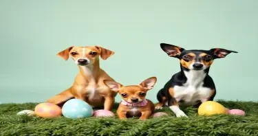 2 Saluki dogs. One fawn and one black, tan and white, and one Chihuahua in an Easter themed photo