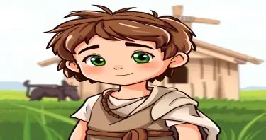 a cartoon drawn little boy with brown hair and green eyes at age 11 on a farm. This is for a children's book so make him cute, innocent and likeable for the reader to look at. I would like the same character doing the following: wearing 815 BC Ancient Greece clothes. https://www.imagiyo.com/images/mxkaz6Y5aJ0P/view