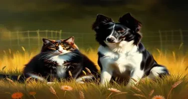 A Rembrandt-style oil painting of a chubby tricolor female cat and a slender female Border Collie with the right side of her face black. They are sitting peacefully in a meadow under soft natural light, with rich shadows, warm golden tones, and classical composition. The scene feels calm and timeless, like a vintage painting from the Dutch golden age.