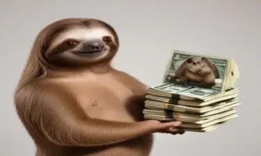 a sloth standing holding a stack of dollars giving the money to topless woman