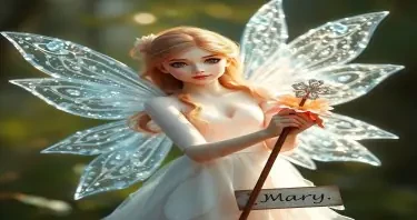 A mystical fairy in shimmering crystal wings, holding flower patterned wand, Brown eyes, epic nature and ice bending shot, Video Art art, super high detail, and a sign saying "Mary"