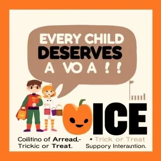 Design activism poster, bold graphic design style, high-impact awareness campaign for childhood apraxia of speech. Trick-or-treat Halloween theme with young children in colorful costumes (superhero, pumpkin, ghost, witch) standing together holding candy buckets and a large speech bubble that is partially formed or stylized as effortful. One child has a determined, proud expression while another gently supports them. Warm, hopeful mood instead of scary.   Foreground: large bold typography reading “EVERY CHILD DESERVES A VOICE” in strong sans-serif, with smaller subtitle “Childhood Apraxia of Speech Awareness” and “Trick or Treat • Support Early Intervention”. Integrate a subtle awareness symbol — a stylized open mouth or speech waves merging with a pumpkin or jack-o’-lantern.   Color palette: vibrant Halloween orange, deep black, warm purple, and soft cream. High contrast, clean layout, strong visual hierarchy, poster composition with generous negative space for readability. Flat illustration mixed with subtle texture, modern activist graphic design aesthetic, sharp edges, powerful yet child-friendly and empowering. No horror elements. Centered composition, social media and print ready, ultra detailed, crisp typography, professional campaign quality.