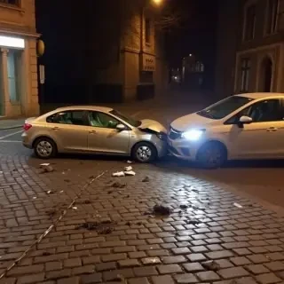 Accident between a family car and a small car on a cobblestone street with debris, nighttime lighting