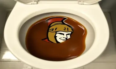 Toilet with Ottawa Senators logo in the bowl with brown shit on the logo