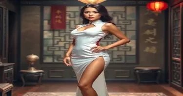 Stunning woman wearing a form-fitting, sleeveless white cheongsam dress with high slits on both sides, revealing her hips and legs. Confident. Sexy. East Asian room