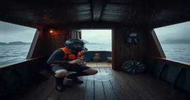 Man taking shelter inside the interior of a docked old houseboat, crouched wearing a motorcycle helmet, life vest and clutching a coors light beer during a severe thunderstorm with torrential rain and strong winds