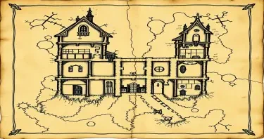 An ancient a weathered map of a gothic estate. The map should show three floors and a basement and include secret doors, traps and secrets. The map should appear old, faded and hand drawn in a comic gothic style as if pages of an old journal..