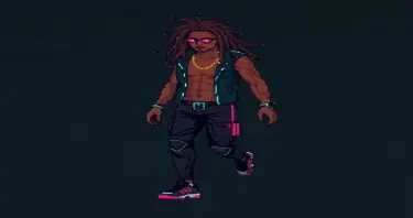 Generate a 16 bit spritesheet of a 2d cyberpunk male with dreadlocks. TIleset should include a walking, running, jumping, and standing animation.