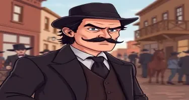 Create a cartoon drawing for a children's book of Bat Masterson in Dodge city in 1875. Make him look tough and menacing with a derby hat . make him with a classic western suit and black hair and a black moustache wearing a black derby hat