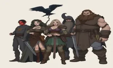 A five member dungeons and dragons adventuring party consisting of: A red-skinned thin male elven bard, an adrogynous female half-elf cleric/warlock with a shadow raven familiar,  a curvy female half-elf sorceror/warlock, a short and wide male dwarven ranger, and a very tall male half-giant barbarian/paladin.