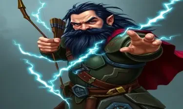 A fifth-edition dungeons and dragons character who is a middle-aged dwarf ranger. He has a wide build, black hair, gray eyes, weilds a magical bow that creates lightning arrows, and wears a mithril breastplate.
