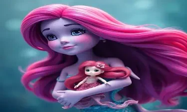 A little mermaid with purple skin and holding a melody doll