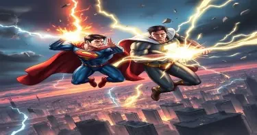 A high-resolution, ultra-detailed illustration of Superman and Captain Marvel (Shazam) engaged in an epic aerial battle above a destroyed cityscape at dusk. Superman, in his iconic blue suit and red cape, unleashes heat vision with fierce intensity, while Shazam counters with a powerful magical lightning strike from his glowing hands. The sky is dark and stormy, lit by lightning flashes and debris flying from collapsed skyscrapers below. Both heroes look determined and battle-worn, muscles tense, capes torn. The energy and power around them distorts the air. Comic book style with dynamic lighting, motion blur, and dramatic shadows. Epic showdown, explosive energy, heroic proportions.
