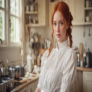 A realistic redhead pale skinned, slightly freckled, maid in an opulent kitchen