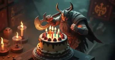 A Heavy Metal viking cutting a birthday cake with a battle axe.