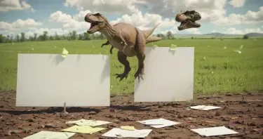 A T-Rex wearing a tie on the left of view. The T-Rex is looking across a large field of green. Randomly across the green fields are index cards on sticks sticking out of the ground, and one white board with several sticky notes on it.