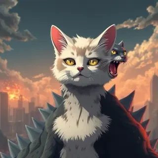 Create a realistic cgi avatar in anime style with American short hair cat on top of godzilla in an Apocalypse world.
