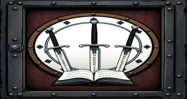 A lage sealed steel door locked with a large sigil featuring three upside down swords in front of an open book. Upon the hilt of each sword is written the words: Duty, Honor, Loyalty. Each in a different order. The art style should be comic style.