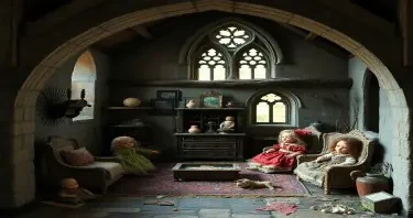 a medieval nursery inside a ruined manor with tattered dolls and a broken music box