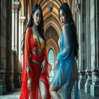 2 gothic, ethereal young women (Korean ethnicity:1.2), rivals, ultra detailed, with long, glossy dark hair and sharp, piercing eyes with dark red eyeliner, (pale skin:1.2), extremely realistic eyes, highly realistic, with a seductive smirks, and slightly tilted head, 38 DD breasts, curvy, wearing an elaborate, one red and one white,  barely-there transparent flowing robes that are untied (no bra) and wide open showing ample cleavage and full natural breasts and flowing with intricate silver embroidery and ornate chains at the waist (no panties bare bottom, large butt, one in yellow facing forward, legs spread, looking at the camera, slightly bent forward, the other in blue facing forward, squatting, legs apart, seductively grabbing the woman in yellow on her bottom, (long, manicured nails:1.1), a curvaceous voluptuous body type, (standing pose:1.2), set within a grand, naturally lit gothic corridor with arched doorways and ornate stone pillars with torches on the walls, detailed cobblestone floor, volumetric lighting creating a mystical, shadowy atmosphere, dramatic low-angle shot, lit from below, dark fantasy realistic art, cinematic, high detail, 8k resolution, art station trending, moody, chiaroscuro lighting, (intricate fabric detail:1.3).