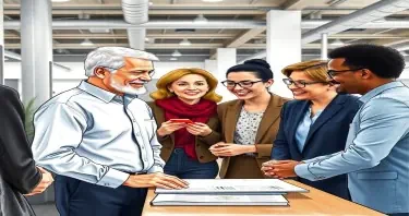 A drawing of a multigenerational and multiracial group of adult professionals collaborating with each other at a business in an large office setting for a book cover