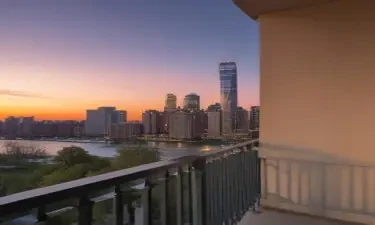A picture of a man overlooking the Manhattan skyline from his balcony in Edgewater, NJ at dusk with the skyscrapers clearly visible
