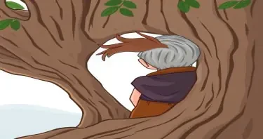 a cartoon drawn little boy with brown hair and his grandfather with short gray hair from the back view looking out from inside a hollow tree . This is for a children's book so make him cute, innocent and likeable for the reader to look at. I would like the same character doing the following: wearing 815 BC Ancient Greece clothes. https://www.imagiyo.com/images/mxkaz6Y5aJ0P/view
