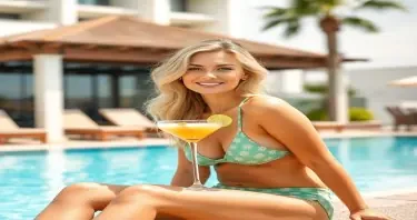 create an image of an average looking blonde woman on holiday sitting at a hotel pool with a cocktail