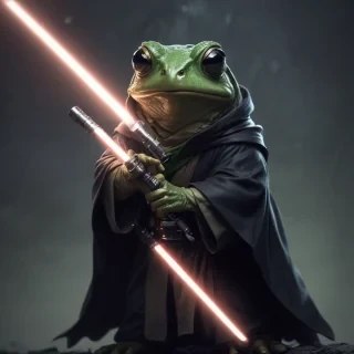a jedi frog holding a light saber