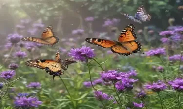 a photograph of butterflies flying around purple flowers, uhd, 4k