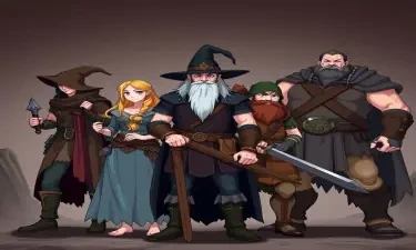 A five-member dungeons and dragons adventuring party consisting of: An male elven rogue/bard, a female half-elf cleric/warlock, a female half-elf sorceror/warlock, a short but wide male dwarven ranger, and a tall male half-giant barbarian/paladin.